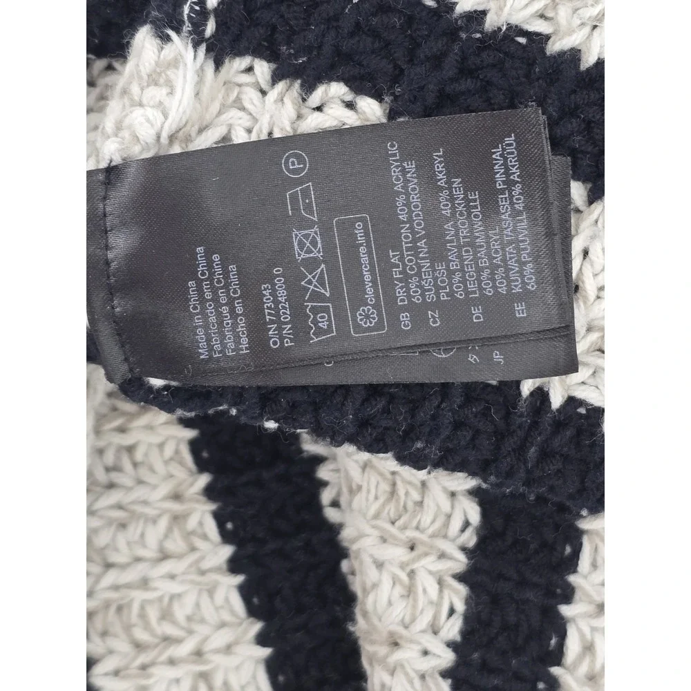 H&M Chunky Knit Sweater Women's Black Off-White Striped Loose Fit Pullover- L‎